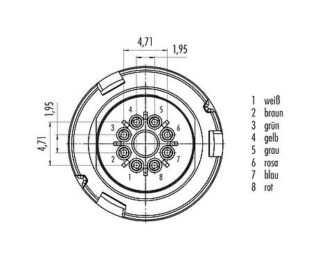 Polbild (Steckseite) Bajonett Kabelstecker, Polzahl: 8, ungeschirmt, löten, IP67, PVC, grau, 8 x 0,25 mm², 2 m