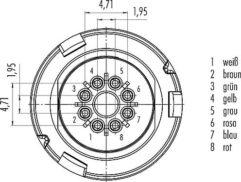 Polbild (Steckseite) Bajonett Kabelstecker, Polzahl: 8, ungeschirmt, löten, IP67, PVC, grau, 8 x 0,25 mm², 2 m