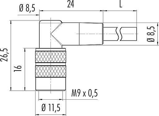 Desenho da escala M9 Tomada angular, Contatos: 3, desprotegido, moldado no cabo, IP67, PUR, preto, 3 x 0,25 mm², 5 m