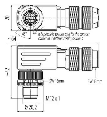 比例圖 M12 彎角針頭電纜連接器, : 4, 5.0-8.0mm, 可接遮罩, 壓接(壓接觸點必須單獨訂購), IP67