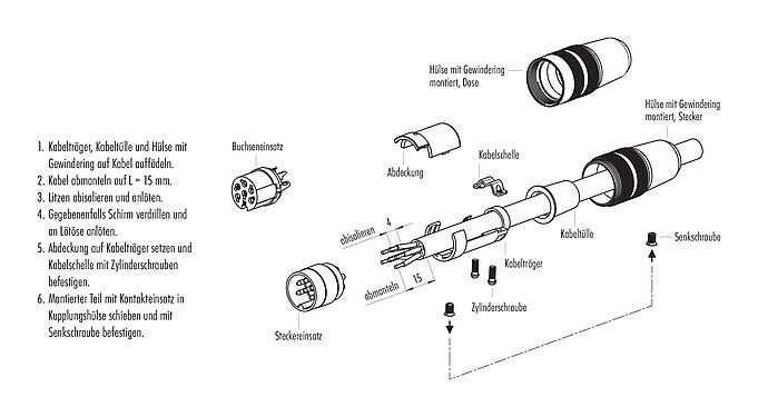 Montageanleitung M16 Kabelstecker, Polzahl: 3 (03-a), 6,0-8,0 mm, ungeschirmt, löten, IP40
