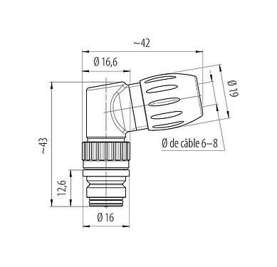 Dessin coté Snap-In Connecteur femelle coudé, Contacts: 8, 6,0-8,0 mm, non blindé, souder, IP67