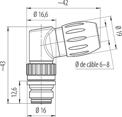 Dessin coté Snap-In Connecteur femelle coudé, Contacts: 12, 6,0-8,0 mm, non blindé, souder, IP67
