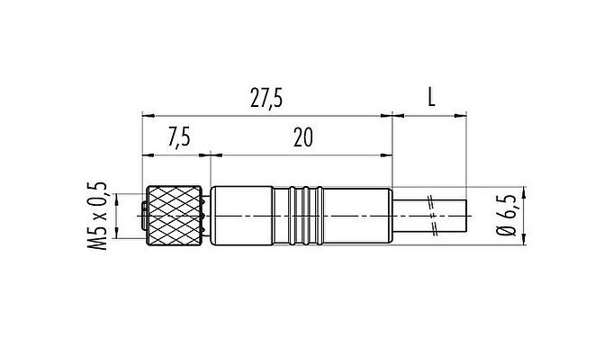 Disegno in scala M5 Connettore cavo femmina, Numero poli: 3, schermato, stampato sul cavo, IP67, UL 2238, M5x0,5, PUR, nero, 3 x 0,14 mm², 5 m