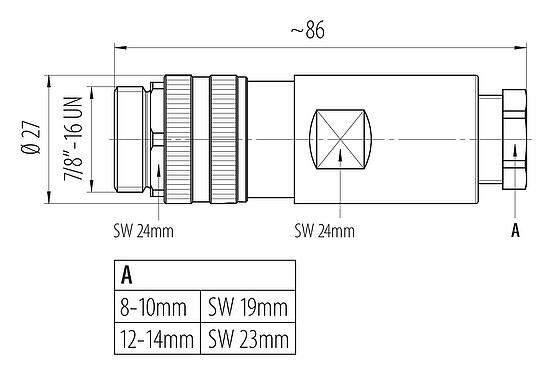 Maßzeichnung 7/8" Kabelstecker, Polzahl: 4+PE, 8,0-10,0 mm, ungeschirmt, schraubklemm, IP67, UL 2238, VDE