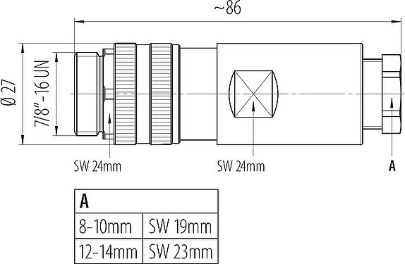 Schaaltekening 7/8" Kabelstekker, aantal polen: 2+PE, 8,0-10,0 mm, onafgeschermd, schroefklem, IP67, UL 2238, VDE