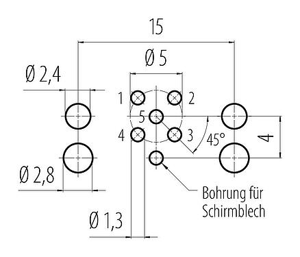 Leiterplattenlayout M12 Flanschdose, Polzahl: 5, ungeschirmt, THR, IP68, UL 2238, M12x1,0, Rückwandmontage, zweiteilige Ausführung