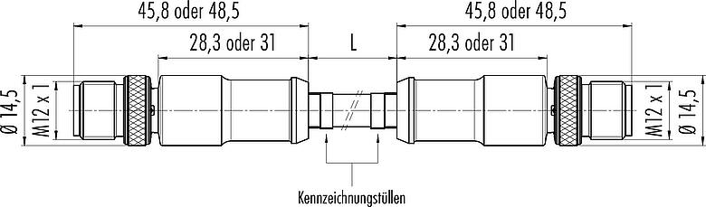 Maßzeichnung M12 Verbindungsleitung 2 Kabelstecker, Polzahl: 4, geschirmt, am Kabel angespritzt, IP67, UL, Profinet/Ethernet CAT5e, PUR, grün, 4 x AWG 22, 2 m