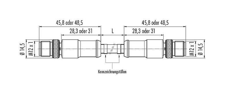 Maßzeichnung M12 Verbindungsleitung 2 Kabelstecker, Polzahl: 4, geschirmt, am Kabel angespritzt, IP67, UL, Profinet/Ethernet CAT5e, PUR, grün, 4 x AWG 22, 2 m