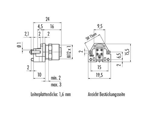 Maßzeichnung M12 Flanschdose, Polzahl: 5, ungeschirmt, THR, IP68, UL 2238, M12x1,0, Rückwandmontage, zweiteilige Ausführung