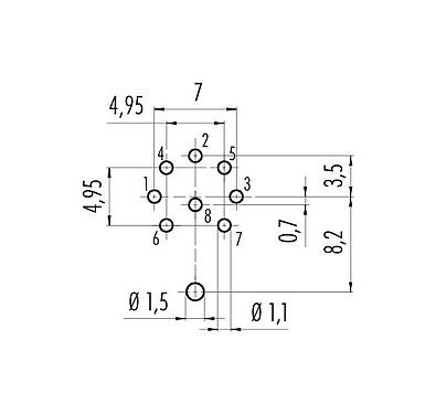 Disposizione dei conduttori 09 0174 290 08 - M16 Connettore femmina a flangia, Numero poli: 8 (08-a), schermabile, THT, IP68, UL, Cumple con AISG, montaggio anteriore