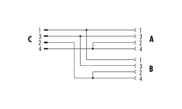 Belegungspläne M12 Zweifachverteiler, Y-Verteiler, Stecker - 2 Dosen, Polzahl: 4, ungeschirmt, steckbar, IP68, UL 2238