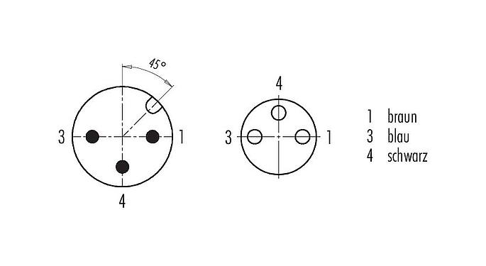 Polbild (Steckseite) M12/M8 Kabelstecker - Kabeldose, Polzahl: 3, ungeschirmt, am Kabel angespritzt, IP67/IP69K, UL 2238, PUR, schwarz, 3 x 0,34 mm², 1 m