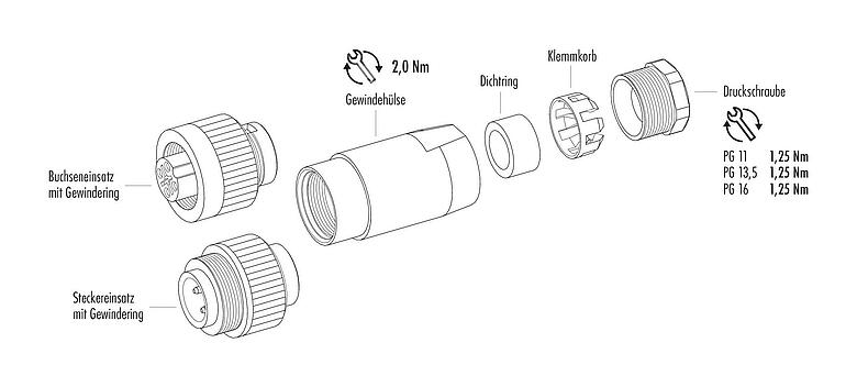 Einzelteildarstellung RD24 Kabelstecker, Polzahl: 3+PE, 10,0-12,0 mm, ungeschirmt, schraubklemm, IP67, UL, ESTI+, VDE, PG 13,5