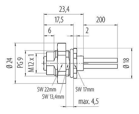 Bản vẽ tỷ lệ M12 Ổ cắm gắn bảng, Số lượng cực : 4, không có chống nhiễu, dây đơn, IP68, UL 2238, PG 9, Chốt trung tâm