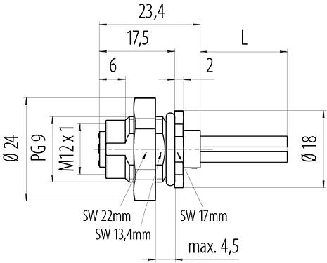 Dibujo a escala M12 Toma de brida, Número de contactos: 4, sin blindaje, hilos, IP68, UL 2238, PG 9, Montaje en pared, moldeado