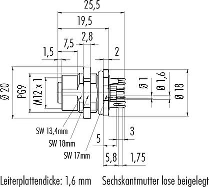 Maßzeichnung M12 Flanschdose, Polzahl: 5, schirmbar, THT, IP68, UL 2238, PG 9, Rückwandmontage, vergossen