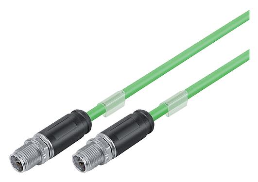 Illustration M12 Connecting cable 2 male cable connectors, Contacts: 8, shielded, moulded on the cable, IP67, UL, PUR, green, AWG 26/7, 5 m