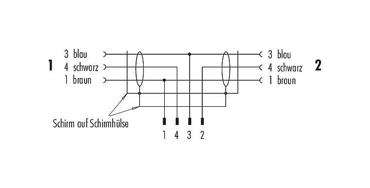 Belegungspläne M12 Kabelsplitter Kabelstecker - 2 Kabeldosen, Polzahl: 4/3, geschirmt, am Kabel angespritzt, IP68, PUR, schwarz, 3 x 0,34 mm², 1 m