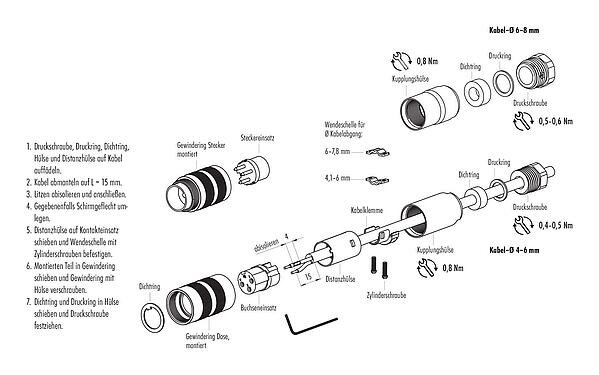 Montageanleitung M16 Kabelstecker, Polzahl: 3 (03-a), 4,0-6,0 mm, schirmbar, schraubklemm, IP67, UL 2238