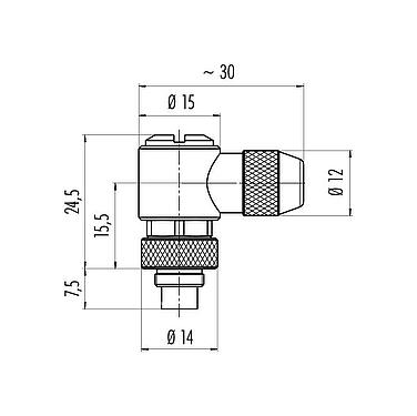 Dessin coté M9 Connecteur mâle coudé, Contacts: 2, 3,5-5,0 mm, blindable, souder, IP67
