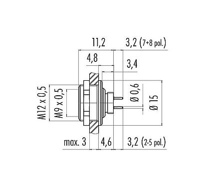 Scale drawing M9 Female panel mount connector, Contacts: 5, unshielded, THT, IP67, M12x0.5, Rear mounting