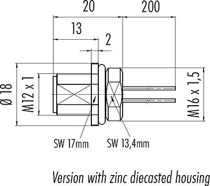Scale drawing M12 Male panel mount connector, Contacts: 12, unshielded, single wires, IP68, UL 2238, M16x1.5, Front mounting, potted