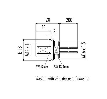 比例图 M12 针头法兰座, 极数: 8, 非屏蔽, 带导线, IP68, UL 2238, M16x1.5, 板前安装