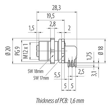 比例圖 M12 孔頭法蘭座, : 5, 可接遮罩, THT, IP68, UL 2238, PG 9, 後壁安裝