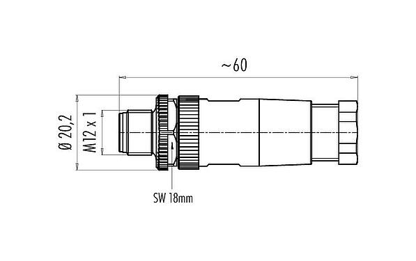 Maßzeichnung M12 Kabelstecker, Polzahl: 5, 4,0-6,0 mm, ungeschirmt, schraubklemm, IP67, UL 2238