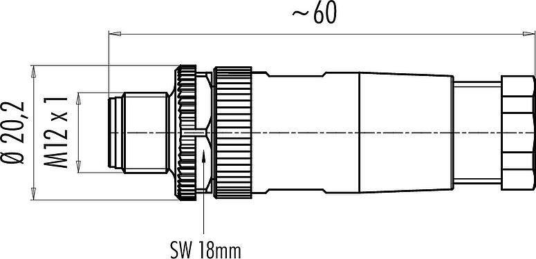 Maßzeichnung M12 Kabelstecker, Polzahl: 4, 6,0-8,0 mm, ungeschirmt, schraubklemm, IP67, UL 2238