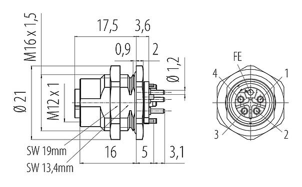 Schaaltekening M12 Female panel mount connector, aantal polen: 4+FE, onafgeschermd, THR, IP67, UL 2238, M16x1,5, Achterwandmontage