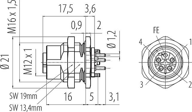 比例图 M12 孔头法兰座, 极数: 4+FE, 非屏蔽, THR, IP67, UL 2238, M16x1.5, 後壁安裝