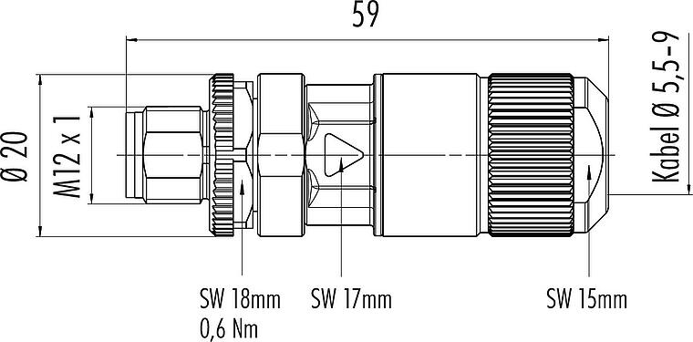 Maßzeichnung M12 Kabelstecker, Polzahl: 8, 5,5-9,0 mm, schirmbar, IDC, IP67