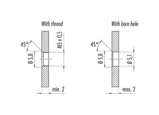 Instructions de montage / Découpe du panneau M5 Embase femelle, Contacts: 4, non blindé, fils, IP67, M5x0,5, Montage frontal