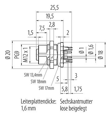 Maßzeichnung M12 Flanschdose, Polzahl: 4, schirmbar, THT, IP67, UL 2238, PG 9, Rückwandmontage