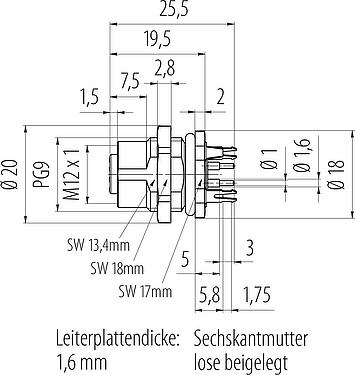 Maßzeichnung M12 Flanschdose, Polzahl: 4, schirmbar, THT, IP67, UL 2238, PG 9, Rückwandmontage, vergossen