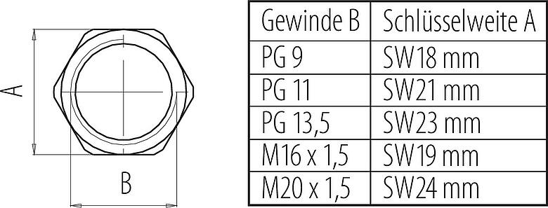 Maßzeichnung 16 0403 001 - M12 A/B/D/K/L/S/T/US/X - Sechskantmutter für Befestigungsgewinde PG 11