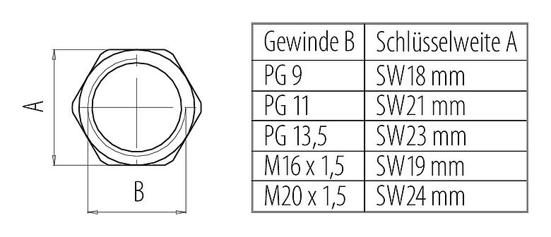 Maßzeichnung 16 0403 001 - M12 A/B/D/K/L/S/T/US/X - Sechskantmutter für Befestigungsgewinde PG 11