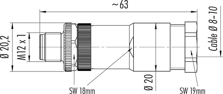 Méretarányos rajz M12 Kábelre szerelhető csatlakozó, : 4, 8,0-10,0 mm, árnyékolatlan, csavaros bilincs, IP67, UL 2238, VDE, PG 11, a tápegységhez