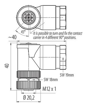 比例圖 M12 彎角孔頭電纜連接器, : 5, 8.0-10.0mm, 非遮罩, 螺釘接線, IP67, UL 2238, VDE, 用於供電