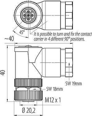Méretarányos rajz M12 derékszögű aljzat, : 5, 8,0-10,0 mm, árnyékolatlan, csavaros bilincs, IP67, UL 2238, VDE, a tápegységhez