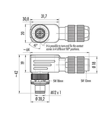 比例图 M12 弯角针头电缆连接器, 极数: 5, 5.0-8.0mm, 可接屏蔽, 螺钉接线, IP67, UL 2238, 鸢尾花