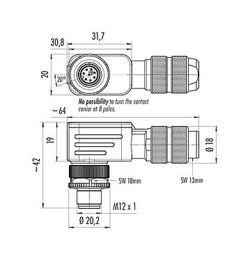 Výkres v měřítku M12 Úhlová zástrčka, : 8, 5,0-8,0 mm, stínitelné, šroubovací svorka, IP67, UL 2238, duhovka