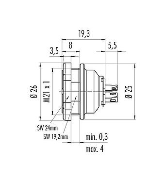 Maßzeichnung Push Pull Flanschdose, Polzahl: 3, schirmbar, löten, IP67, M21x1,0, Rückwandmontage