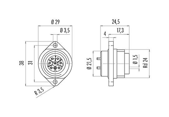 Schaaltekening RD24 Male panel mount connector, aantal polen: 6+PE, onafgeschermd, soldeer, IP67, UL, ESTI+, VDE, Frontaansluiting
