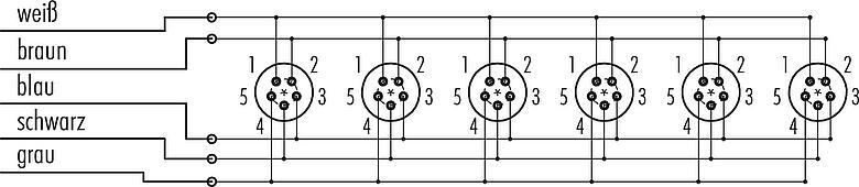 Belegungspläne Snap-In 6-fach-Verteiler, Polzahl: 5, ungeschirmt, am Kabel angespritzt, IP67, 5 x 0,75 mm²