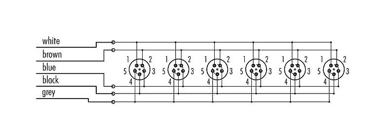 Pin assignment plans Snap-In 6-way distributor, Contacts: 5, unshielded, moulded on the cable, IP67, 5 x 0.75 mm²