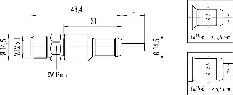 Méretarányos rajz M12 Kábelre szerelhető csatlakozó, : 12, árnyékolatlan, kábelre öntött, IP67/IP69K, UL 2238, Ecolab, PVC, szürke, 12 x 0,25 mm², rozsdamentes acél, 5 m