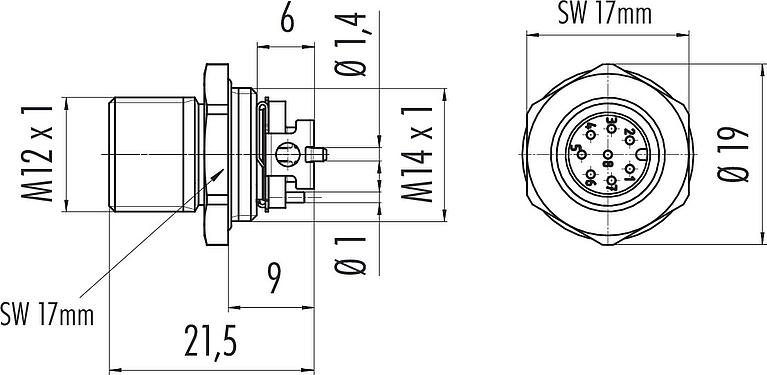 Maßzeichnung M12 Flanschstecker, Polzahl: 8, schirmbar, SMT, IP67, M12x1,0, Frontmontage